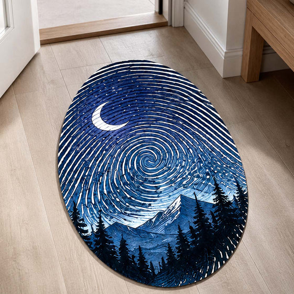 Moonlit Mountain Fingerprint Shape Flat Rug | Night Sky Oval Area Rug | Celestial Fingerprint Landscape Floor Rug