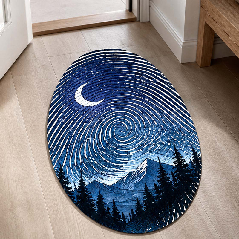 Moonlit Mountain Fingerprint Shape Flat Rug | Night Sky Oval Area Rug | Celestial Fingerprint Landscape Floor Rug