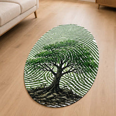 Tree of Life Fingerprint Shape Flat Rug | Nature Oval Area Rug | Botanical Fingerprint Art Floor Rug for Modern Home Décor