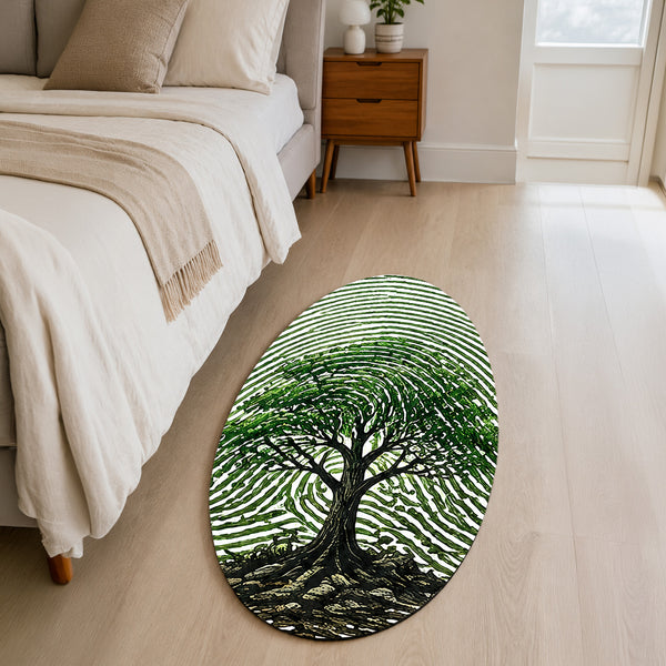 Tree of Life Fingerprint Shape Flat Rug | Nature Oval Area Rug | Botanical Fingerprint Art Floor Rug for Modern Home Décor