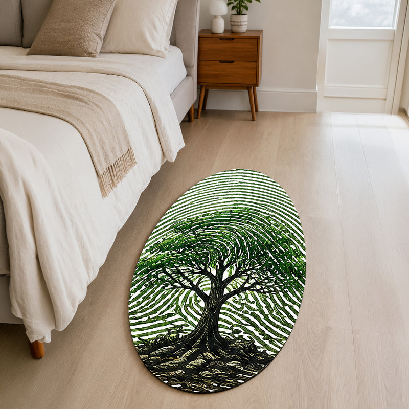Tree of Life Fingerprint Shape Flat Rug | Nature Oval Area Rug | Botanical Fingerprint Art Floor Rug for Modern Home Décor