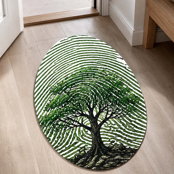 Tree of Life Fingerprint Shape Flat Rug | Nature Oval Area Rug | Botanical Fingerprint Art Floor Rug for Modern Home Décor