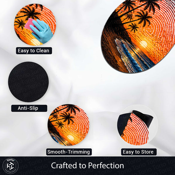 Tropical Sunset Beach Fingerprint Shape Flat Rug | Ocean Palm Tree Oval Area Rug | Coastal Fingerprint Art Floor Rug for Modern Home Décor