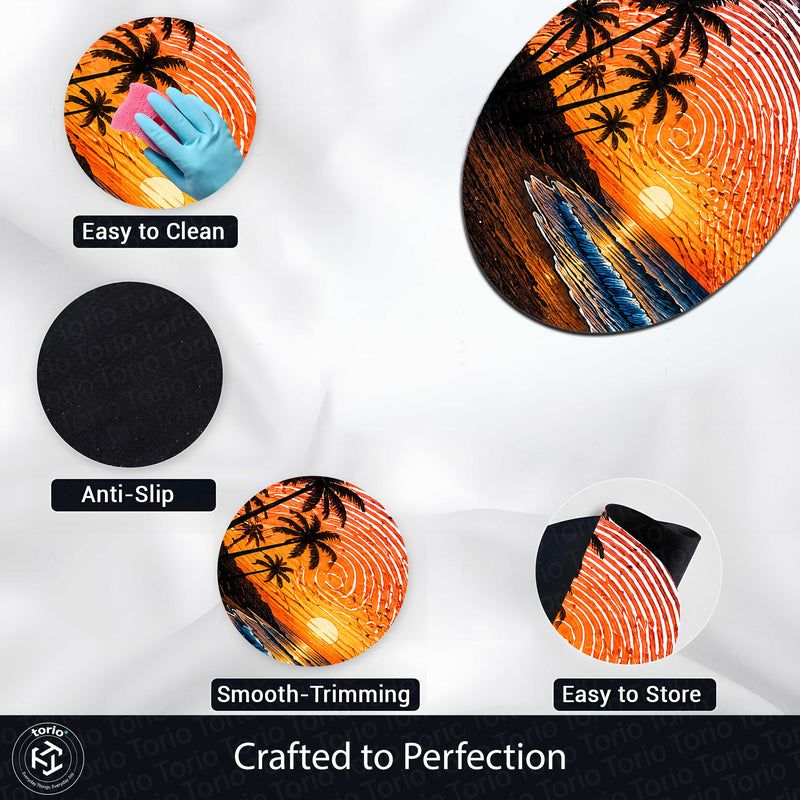 Tropical Sunset Beach Fingerprint Shape Flat Rug | Ocean Palm Tree Oval Area Rug | Coastal Fingerprint Art Floor Rug for Modern Home Décor