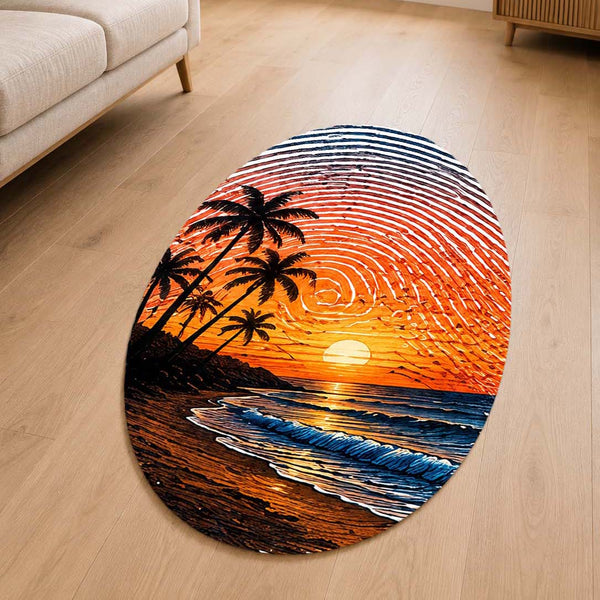 Tropical Sunset Beach Fingerprint Shape Flat Rug | Ocean Palm Tree Oval Area Rug | Coastal Fingerprint Art Floor Rug for Modern Home Décor