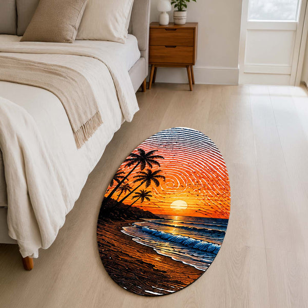 Tropical Sunset Beach Fingerprint Shape Flat Rug | Ocean Palm Tree Oval Area Rug | Coastal Fingerprint Art Floor Rug for Modern Home Décor