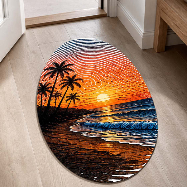 Tropical Sunset Beach Fingerprint Shape Flat Rug | Ocean Palm Tree Oval Area Rug | Coastal Fingerprint Art Floor Rug for Modern Home Décor