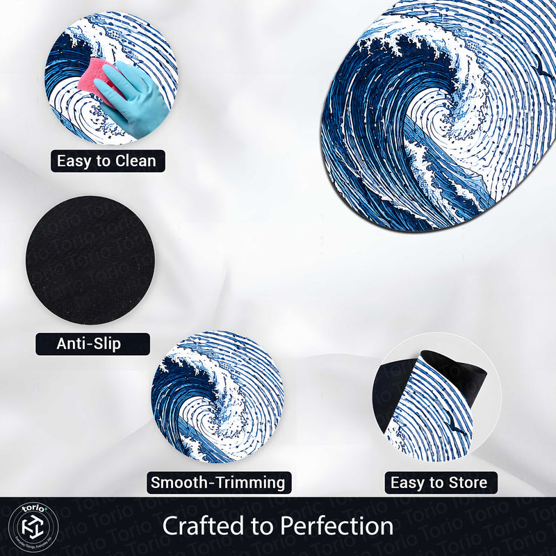 Ocean Wave Fingerprint Shape Flat Rug | Coastal Sea Wave Oval Area Rug | Blue Fingerprint Art Floor Rug for Beach House & Modern Home Décor