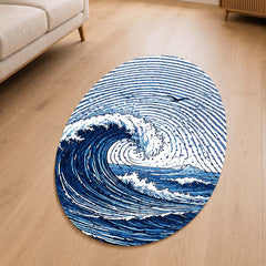 Ocean Wave Fingerprint Shape Flat Rug | Coastal Sea Wave Oval Area Rug | Blue Fingerprint Art Floor Rug for Beach House & Modern Home Décor