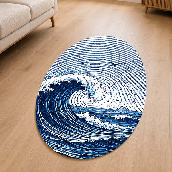 Ocean Wave Fingerprint Shape Flat Rug | Coastal Sea Wave Oval Area Rug | Blue Fingerprint Art Floor Rug for Beach House & Modern Home Décor