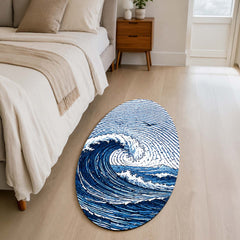 Ocean Wave Fingerprint Shape Flat Rug | Coastal Sea Wave Oval Area Rug | Blue Fingerprint Art Floor Rug for Beach House & Modern Home Décor