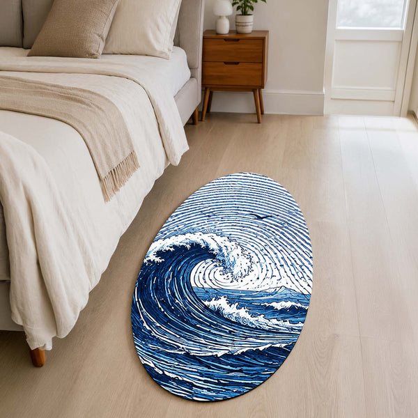 Ocean Wave Fingerprint Shape Flat Rug | Coastal Sea Wave Oval Area Rug | Blue Fingerprint Art Floor Rug for Beach House & Modern Home Décor