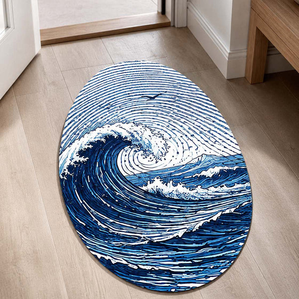 Ocean Wave Fingerprint Shape Flat Rug | Coastal Sea Wave Oval Area Rug | Blue Fingerprint Art Floor Rug for Beach House & Modern Home Décor