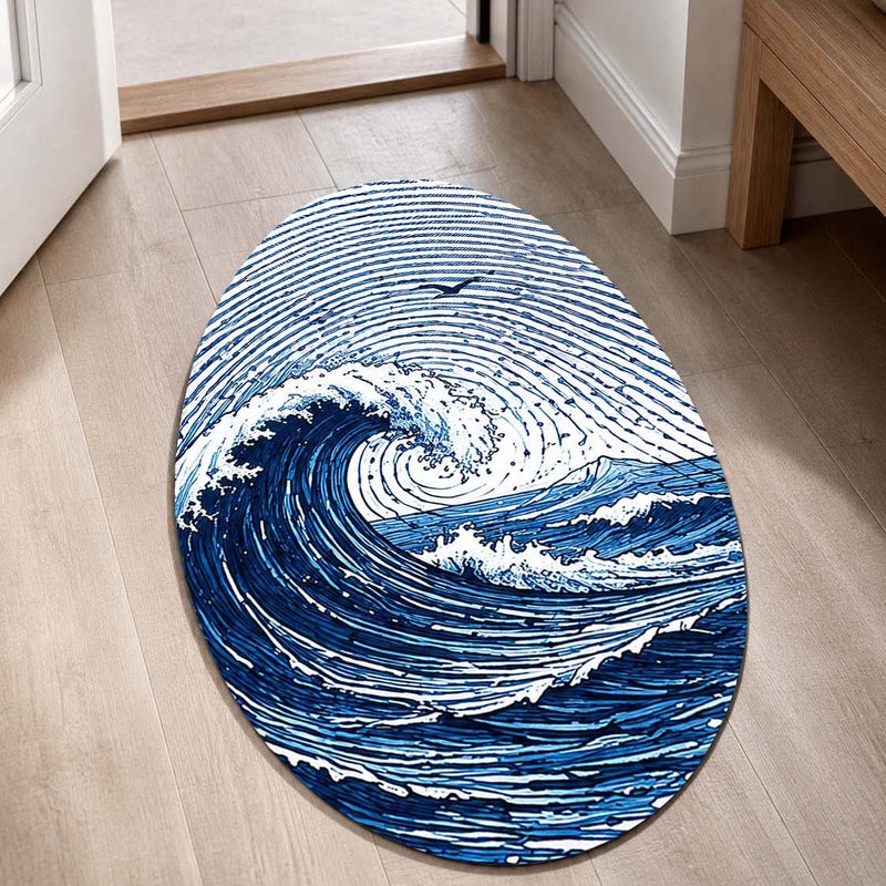 Ocean Wave Fingerprint Shape Flat Rug | Coastal Sea Wave Oval Area Rug | Blue Fingerprint Art Floor Rug for Beach House & Modern Home Décor