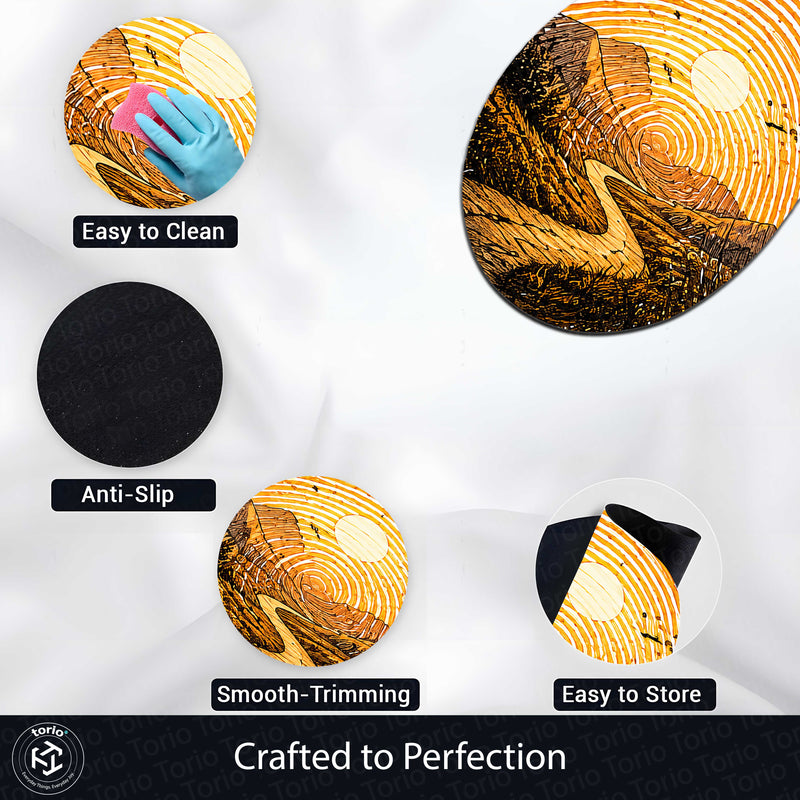 Golden Mountain Road Fingerprint Shape Flat Rug | Scenic Landscape Oval Area Rug | Sunset Fingerprint Art Floor Rug for Rustic & Modern Home Décor