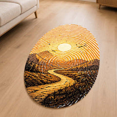 Golden Mountain Road Fingerprint Shape Flat Rug | Scenic Landscape Oval Area Rug | Sunset Fingerprint Art Floor Rug for Rustic & Modern Home Décor