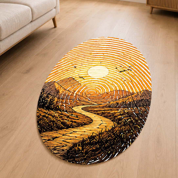 Golden Mountain Road Fingerprint Shape Flat Rug | Scenic Landscape Oval Area Rug | Sunset Fingerprint Art Floor Rug for Rustic & Modern Home Décor