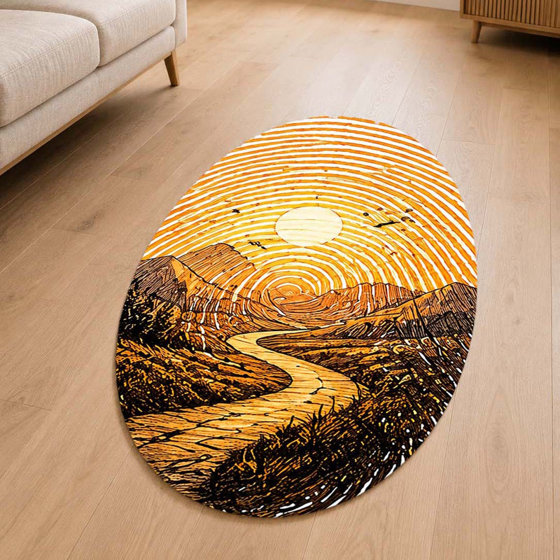 Golden Mountain Road Fingerprint Shape Flat Rug | Scenic Landscape Oval Area Rug | Sunset Fingerprint Art Floor Rug for Rustic & Modern Home Décor