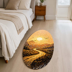 Golden Mountain Road Fingerprint Shape Flat Rug | Scenic Landscape Oval Area Rug | Sunset Fingerprint Art Floor Rug for Rustic & Modern Home Décor