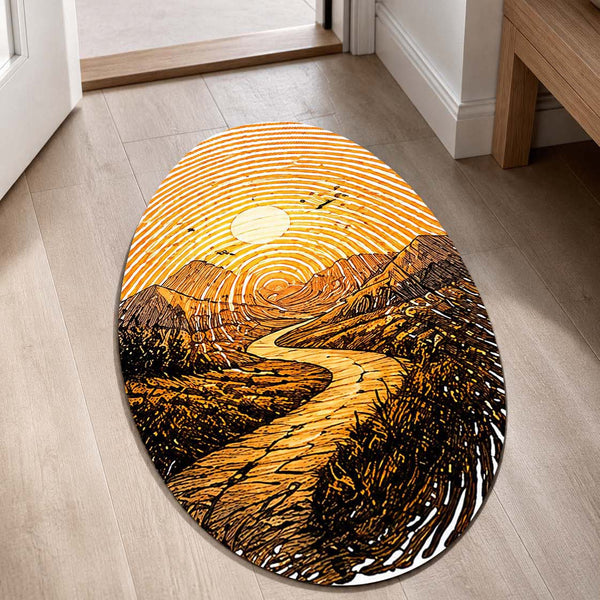 Golden Mountain Road Fingerprint Shape Flat Rug | Scenic Landscape Oval Area Rug | Sunset Fingerprint Art Floor Rug for Rustic & Modern Home Décor