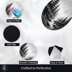 Monochrome Forest Fingerprint Shape Flat Rug | Black & White Woodland Oval Area Rug | Minimalist Nature Fingerprint Art Floor Rug