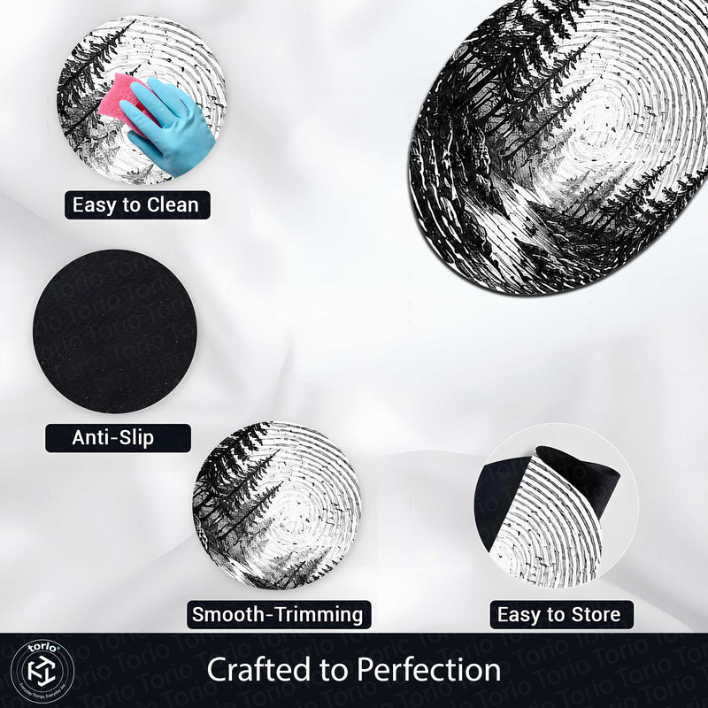 Monochrome Forest Fingerprint Shape Flat Rug | Black & White Woodland Oval Area Rug | Minimalist Nature Fingerprint Art Floor Rug