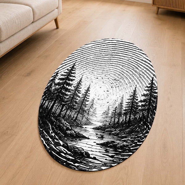 Monochrome Forest Fingerprint Shape Flat Rug | Black & White Woodland Oval Area Rug | Minimalist Nature Fingerprint Art Floor Rug