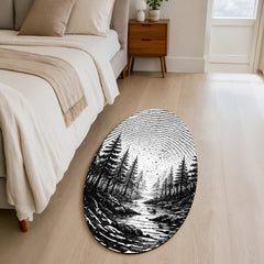 Monochrome Forest Fingerprint Shape Flat Rug | Black & White Woodland Oval Area Rug | Minimalist Nature Fingerprint Art Floor Rug