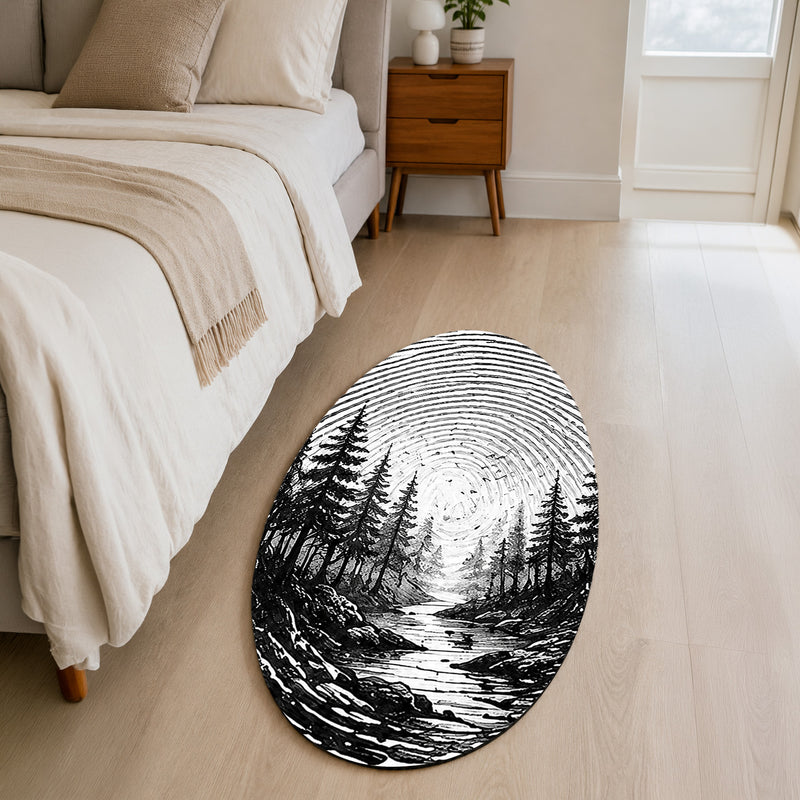 Monochrome Forest Fingerprint Shape Flat Rug | Black & White Woodland Oval Area Rug | Minimalist Nature Fingerprint Art Floor Rug