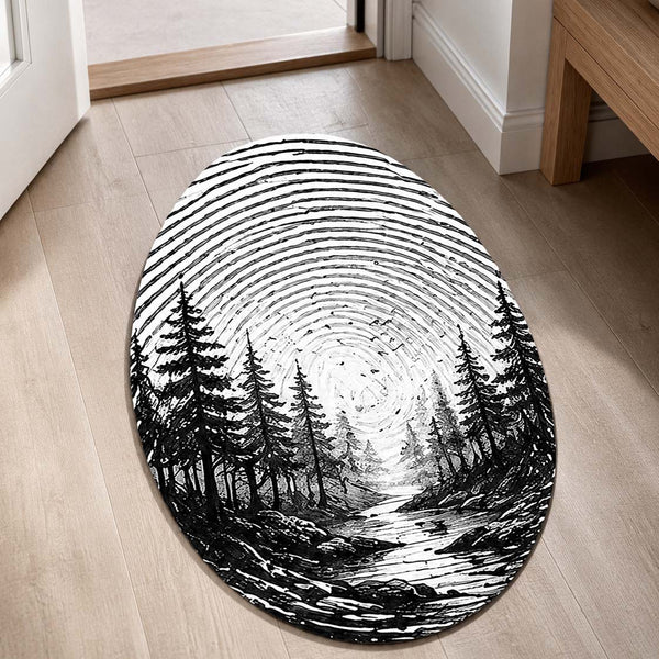 Monochrome Forest Fingerprint Shape Flat Rug | Black & White Woodland Oval Area Rug | Minimalist Nature Fingerprint Art Floor Rug