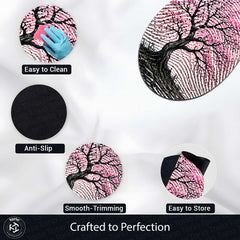 Pink Blossom Tree Fingerprint Shape Flat Rug | Cherry Blossom Oval Area Rug | Artistic Fingerprint Nature Floor Rug for Modern Home Décor