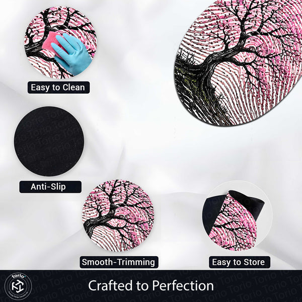 Pink Blossom Tree Fingerprint Shape Flat Rug | Cherry Blossom Oval Area Rug | Artistic Fingerprint Nature Floor Rug for Modern Home Décor