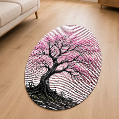 Pink Blossom Tree Fingerprint Shape Flat Rug | Cherry Blossom Oval Area Rug | Artistic Fingerprint Nature Floor Rug for Modern Home Décor