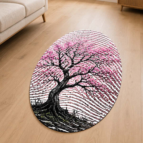 Pink Blossom Tree Fingerprint Shape Flat Rug | Cherry Blossom Oval Area Rug | Artistic Fingerprint Nature Floor Rug for Modern Home Décor