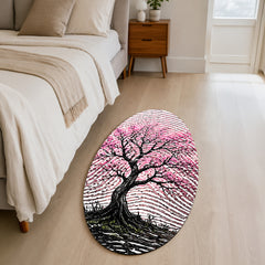 Pink Blossom Tree Fingerprint Shape Flat Rug | Cherry Blossom Oval Area Rug | Artistic Fingerprint Nature Floor Rug for Modern Home Décor