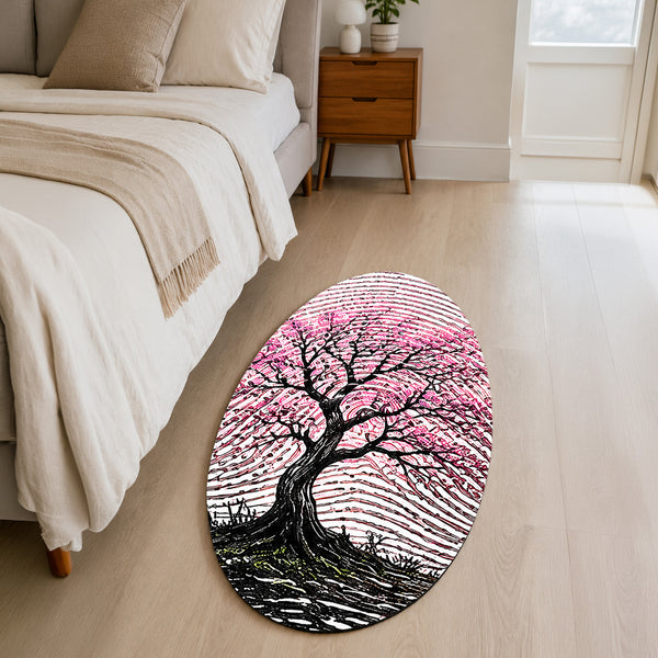 Pink Blossom Tree Fingerprint Shape Flat Rug | Cherry Blossom Oval Area Rug | Artistic Fingerprint Nature Floor Rug for Modern Home Décor