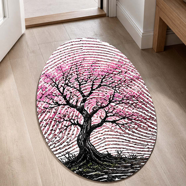 Pink Blossom Tree Fingerprint Shape Flat Rug | Cherry Blossom Oval Area Rug | Artistic Fingerprint Nature Floor Rug for Modern Home Décor