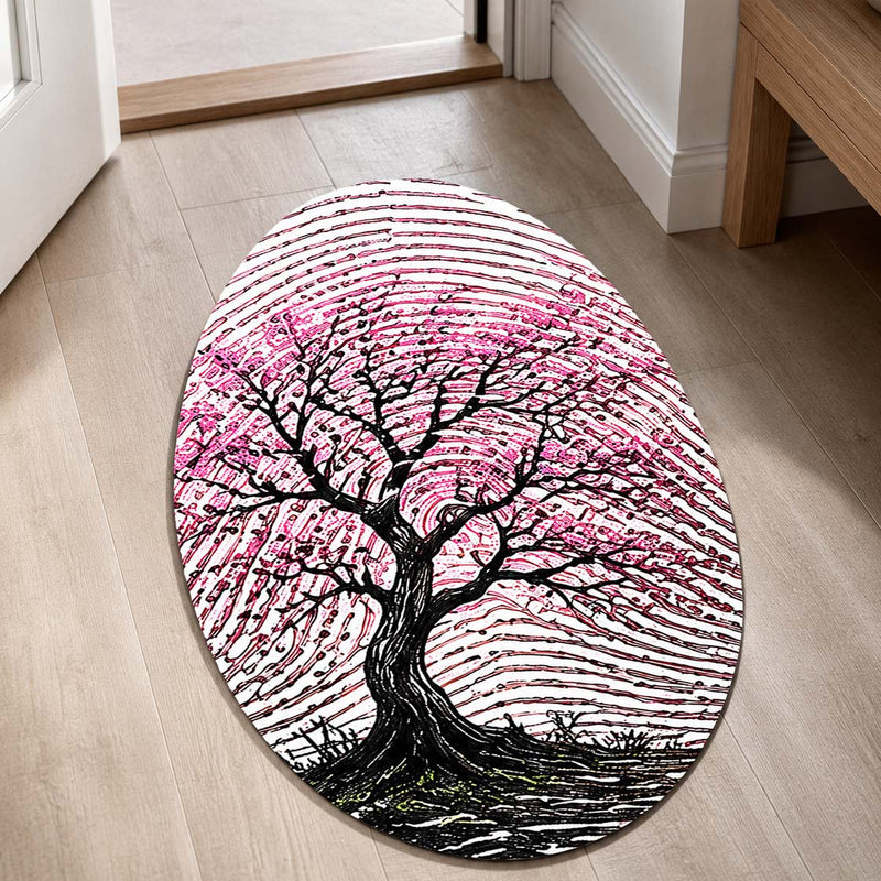 Pink Blossom Tree Fingerprint Shape Flat Rug | Cherry Blossom Oval Area Rug | Artistic Fingerprint Nature Floor Rug for Modern Home Décor