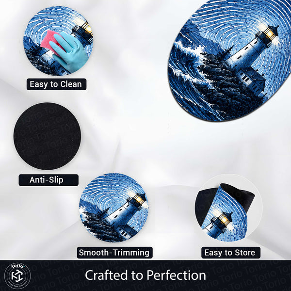 Blue Lighthouse Fingerprint Shape Flat Rug | Coastal Lighthouse Oval Area Rug | Ocean Fingerprint Art Floor Rug for Beach House & Modern Home Décor