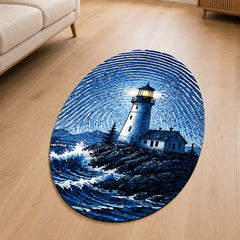 Blue Lighthouse Fingerprint Shape Flat Rug | Coastal Lighthouse Oval Area Rug | Ocean Fingerprint Art Floor Rug for Beach House & Modern Home Décor
