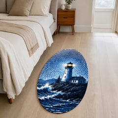 Blue Lighthouse Fingerprint Shape Flat Rug | Coastal Lighthouse Oval Area Rug | Ocean Fingerprint Art Floor Rug for Beach House & Modern Home Décor