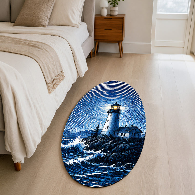 Blue Lighthouse Fingerprint Shape Flat Rug | Coastal Lighthouse Oval Area Rug | Ocean Fingerprint Art Floor Rug for Beach House & Modern Home Décor