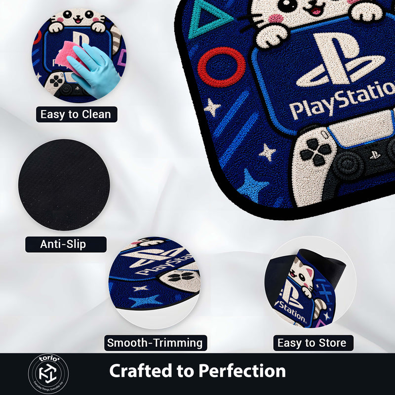 Cute PlayStation Cat Flat Rug | Kawaii Gaming Flat Rug | PlayStation Controller Floor Mat for Bedroom, Gaming Room, Kids Room & Gamer Decor