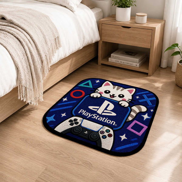 Cute PlayStation Cat Flat Rug | Kawaii Gaming Flat Rug | PlayStation Controller Floor Mat for Bedroom, Gaming Room, Kids Room & Gamer Decor