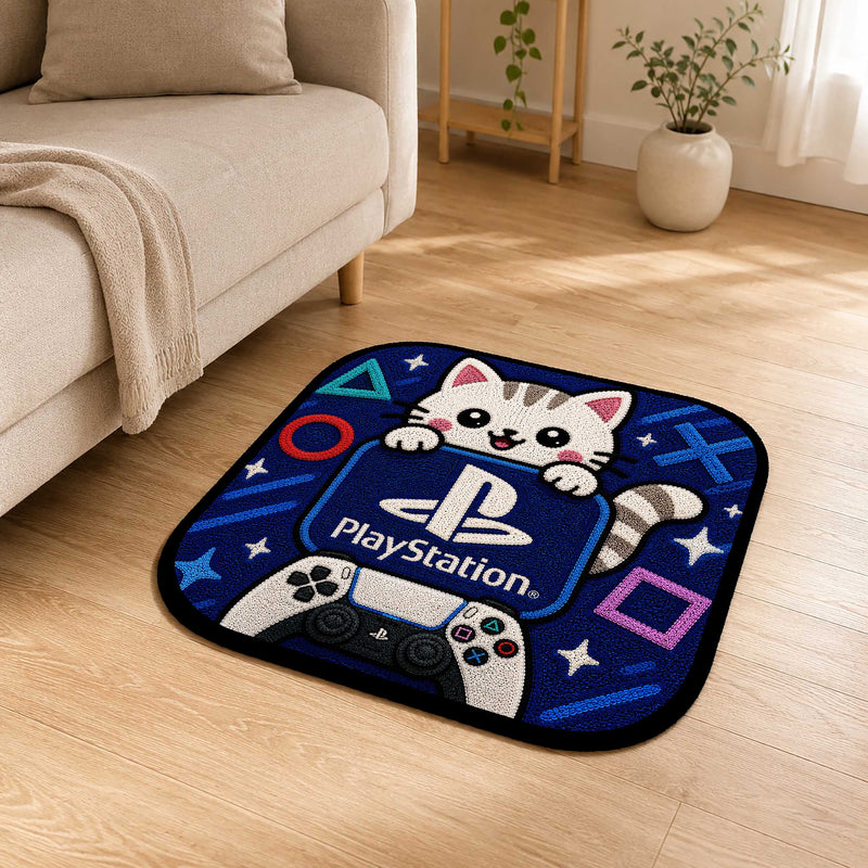 Cute PlayStation Cat Flat Rug | Kawaii Gaming Flat Rug | PlayStation Controller Floor Mat for Bedroom, Gaming Room, Kids Room & Gamer Decor