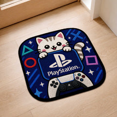Cute PlayStation Cat Flat Rug | Kawaii Gaming Flat Rug | PlayStation Controller Floor Mat for Bedroom, Gaming Room, Kids Room & Gamer Decor