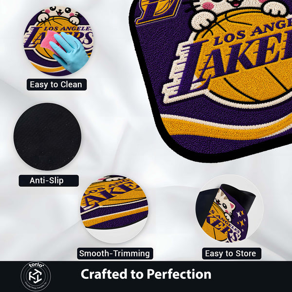 Cute Los Angeles Lakers Cat Flat Rug | Basketball Fan Flat Rug | Kawaii Sports Floor Mat for Bedroom, Gaming Room & Basketball Decor