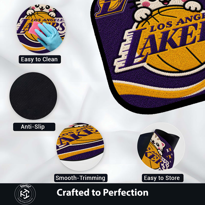 Cute Los Angeles Lakers Cat Flat Rug | Basketball Fan Flat Rug | Kawaii Sports Floor Mat for Bedroom, Gaming Room & Basketball Decor
