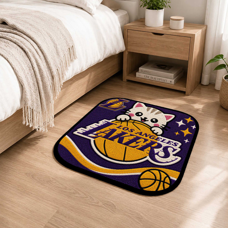 Cute Los Angeles Lakers Cat Flat Rug | Basketball Fan Flat Rug | Kawaii Sports Floor Mat for Bedroom, Gaming Room & Basketball Decor