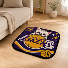 Cute Los Angeles Lakers Cat Flat Rug | Basketball Fan Flat Rug | Kawaii Sports Floor Mat for Bedroom, Gaming Room & Basketball Decor